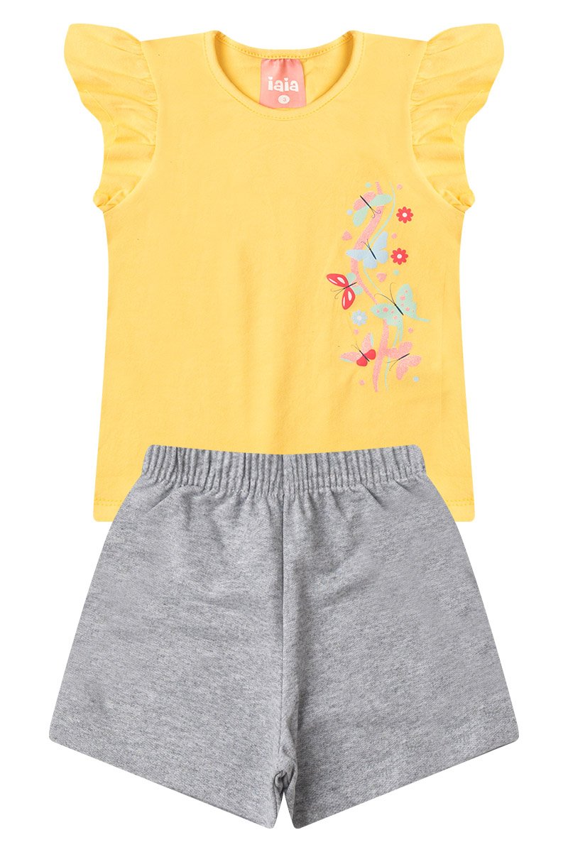 Conjunto Infantil Menina Verão Borboletas Com Babado na Manga Iaia 100% Algodão Amarelo