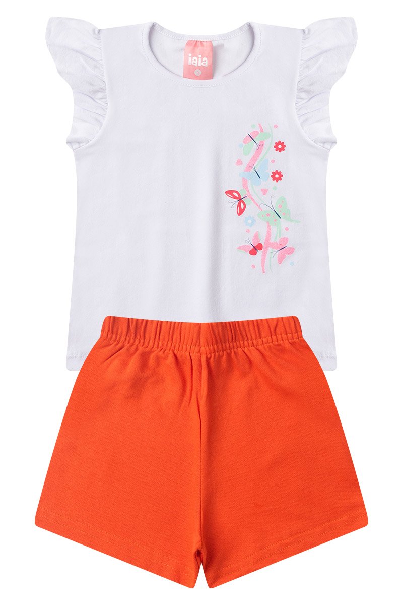 Conjunto Infantil Menina Verão Borboletas Com Babado na Manga Iaia 100% Algodão Branco