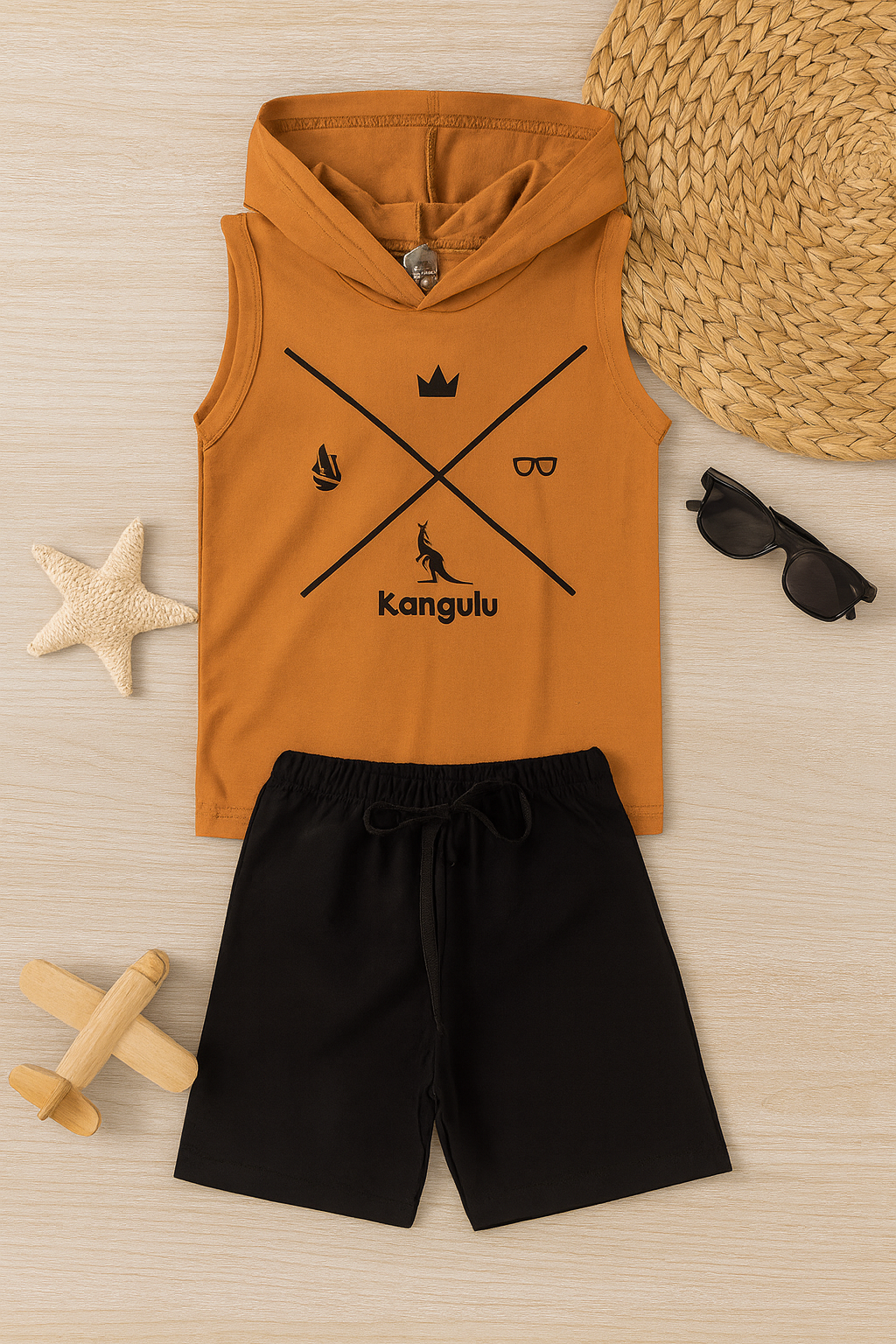 Conjunto Infantil Menino Verão Regata Símbolos Kangulu Caramelo