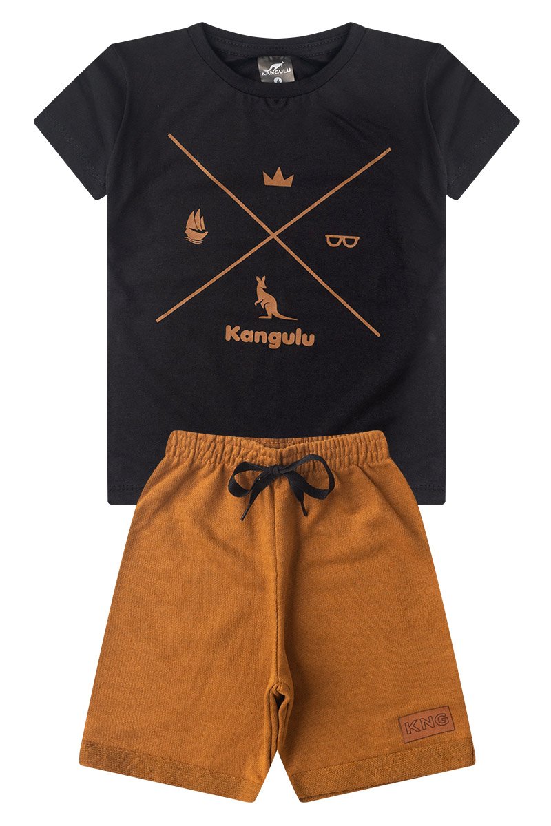 Conjunto Infantil Menino Algodão Premium Verão Símbolos Kangulu Preto