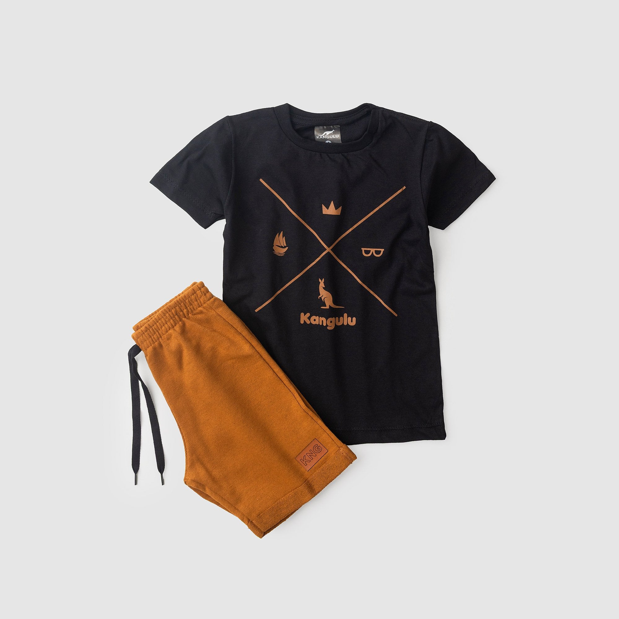 Conjunto Infantil Menino Algodão Premium Verão Símbolos Kangulu Preto