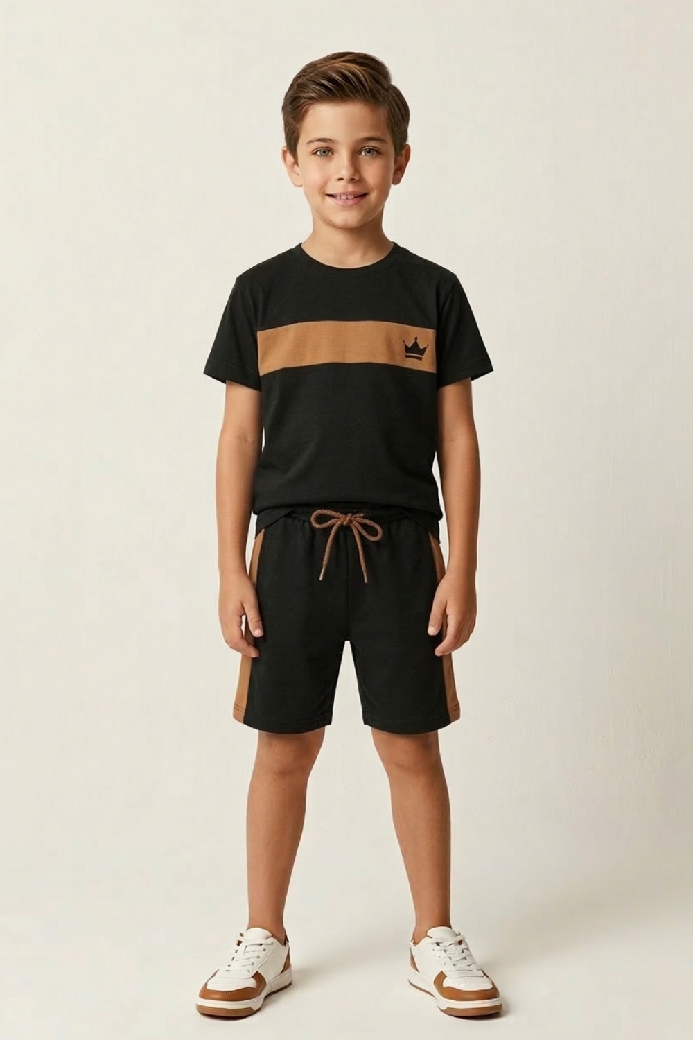 Conjunto Infantil Verão Masculino Recortes Coroa - Preto