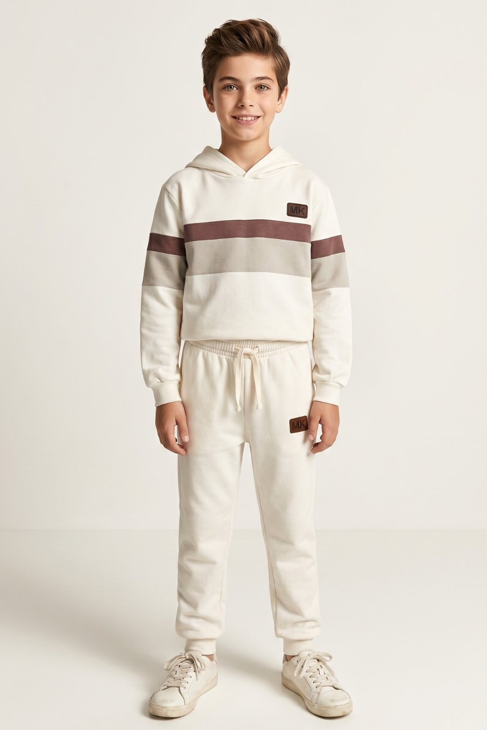 Conjunto Infantil Masculino Moletom Plaquinha Listras Brown - Off White
