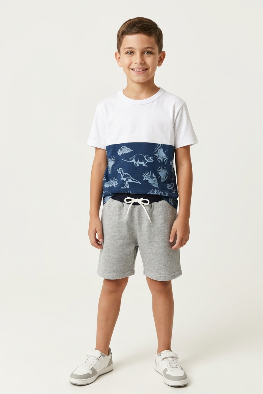 Conjunto Infantil Verão Masculino Recortes Dinossauro - Branco