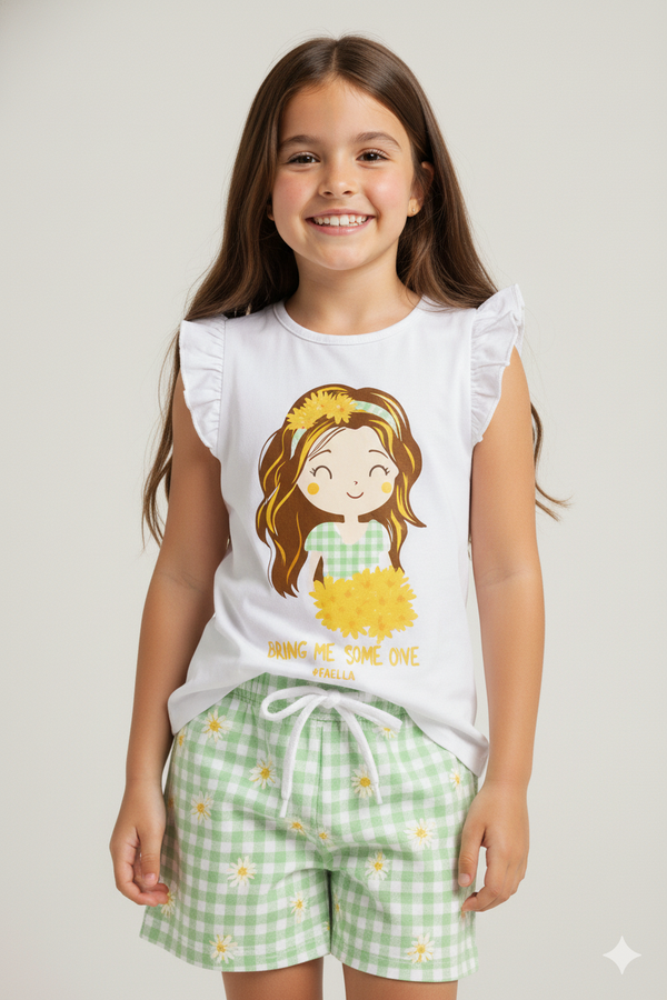Conjunto Infantil Verão Feminino Menina com Flores - Branca