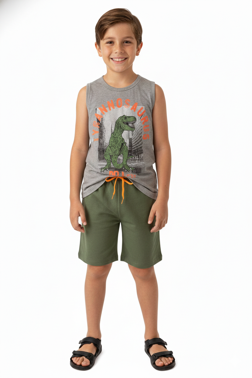 Conjunto Infantil Verão Masculino Regata Tyrannosaurus Rex - Mescla