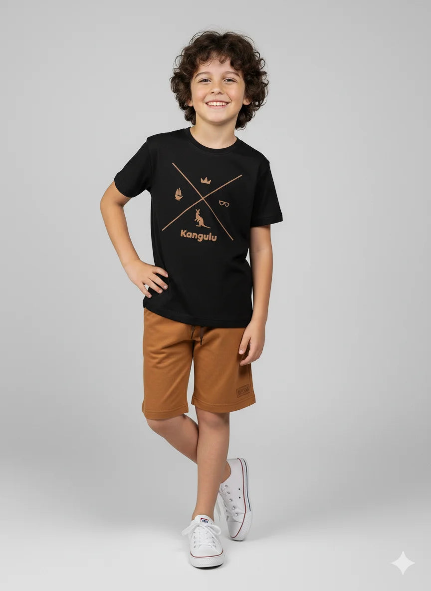 Conjunto Infantil Menino Algodão Premium Verão Símbolos Kangulu Preto