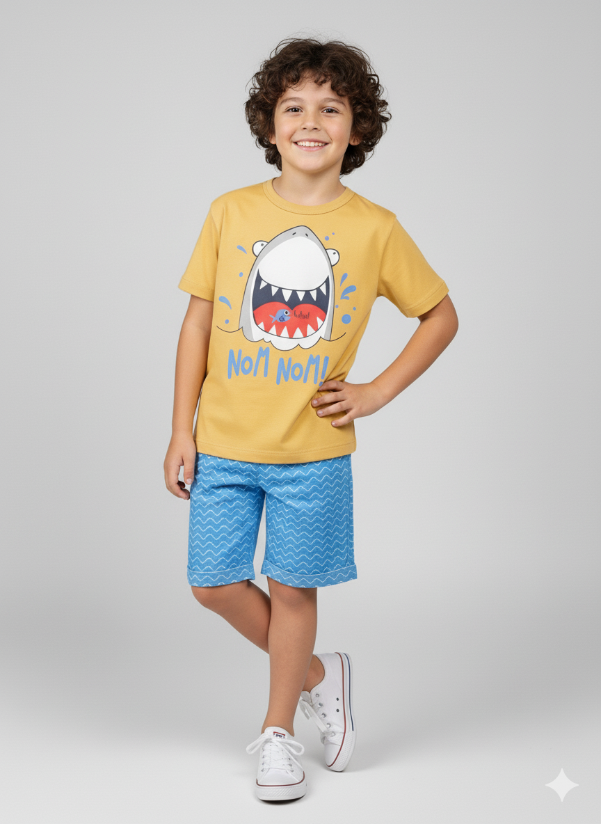 Conjunto Infantil Menino Algodão Premium Tubarão Kangulu Amarelo