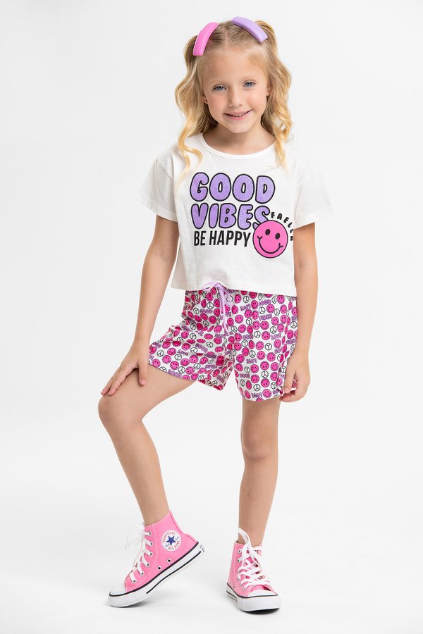 Conjunto Cropped Infantil Verão Feminino Good Vibes - Off White
