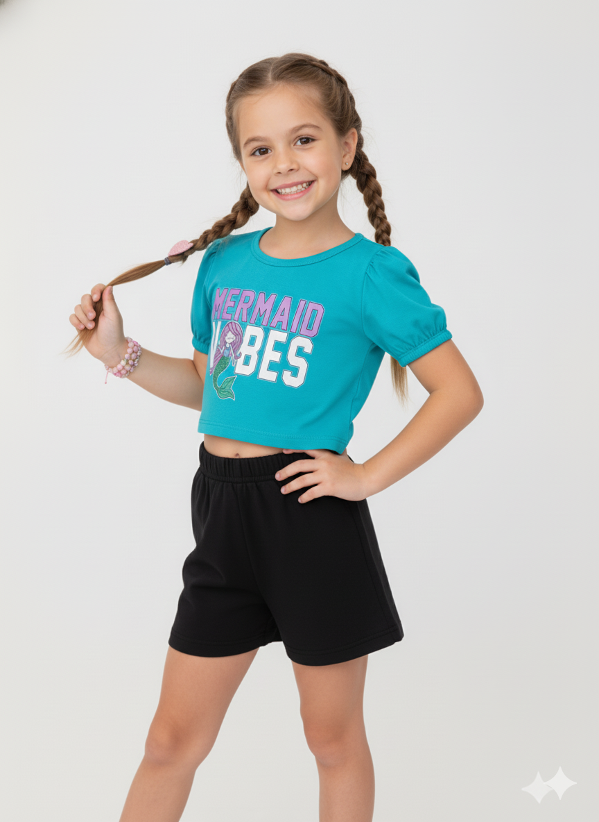 Conjunto Infantil Menina Verão Com Detalhe na Manga Iaia 100% Algodão – Camiseta e Shorts Jade