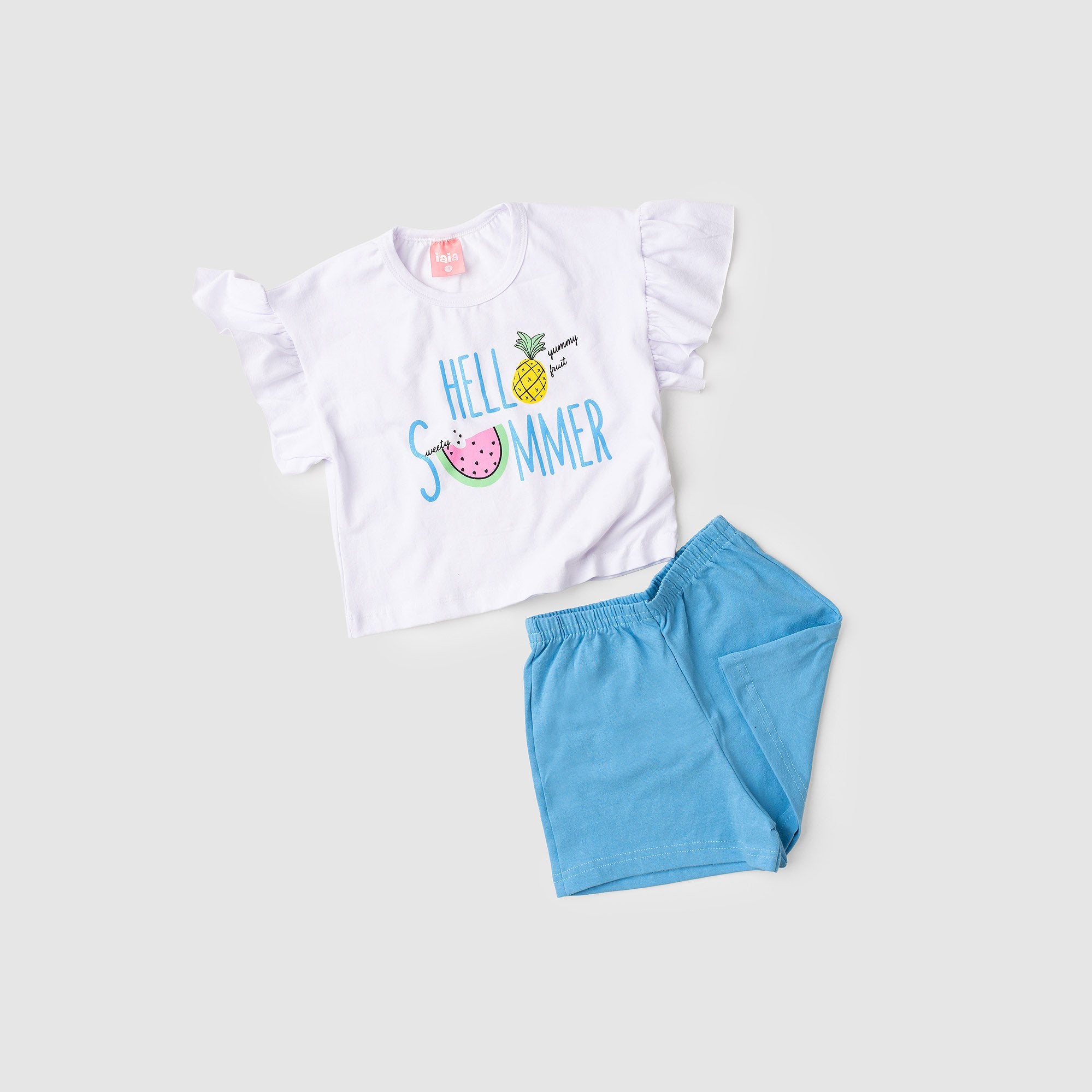 Conjunto Infantil Menina Cropped Verão Com Babado na Manga Iaia 100% Algodão – Camiseta e Shorts Branco