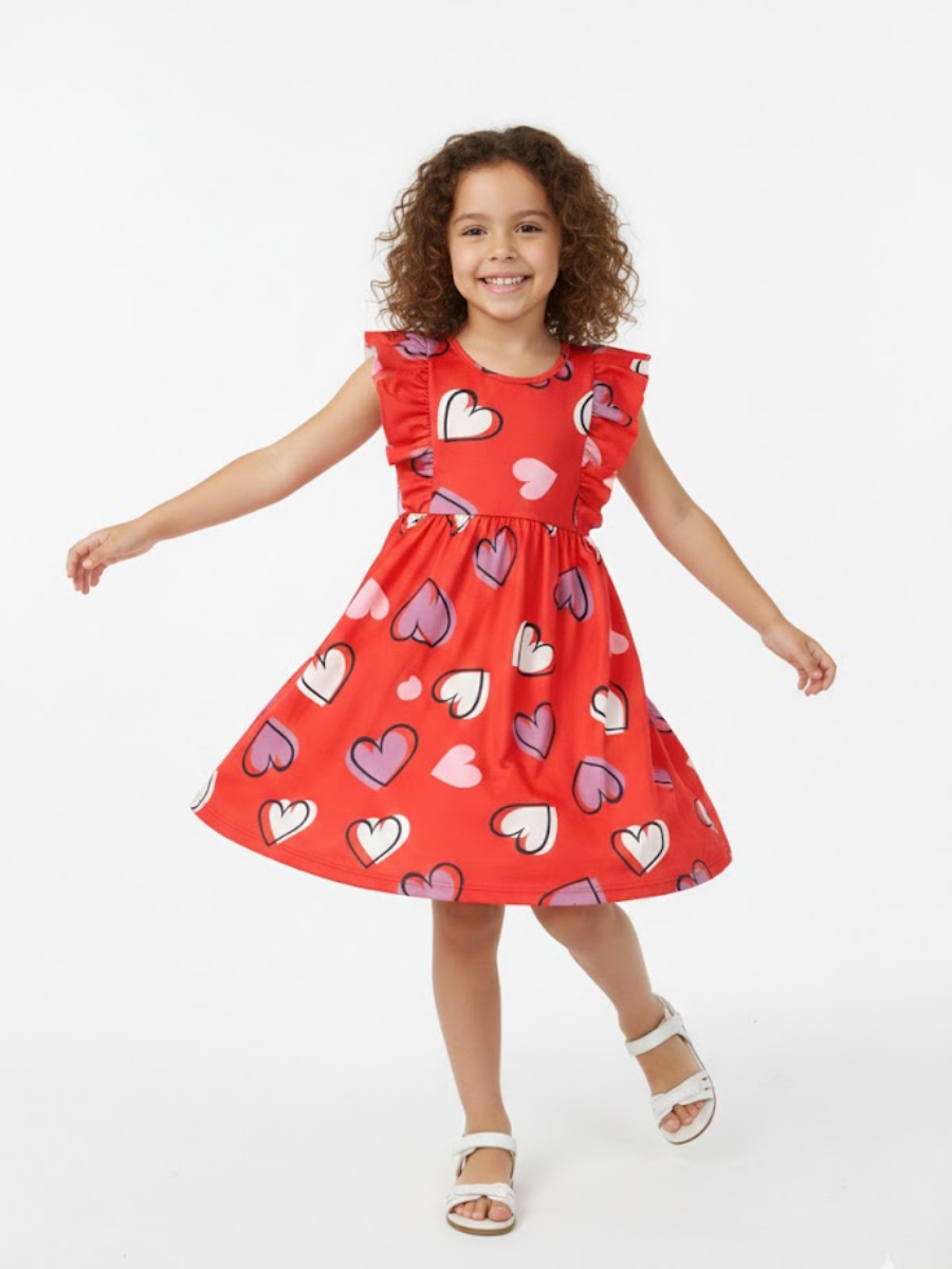 Vestido Infantil Menina com Babados Coração Vermelho