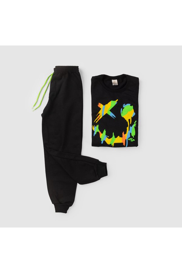 Conjunto Moletom Peluciado Infantil Masculino Emoji - Preto