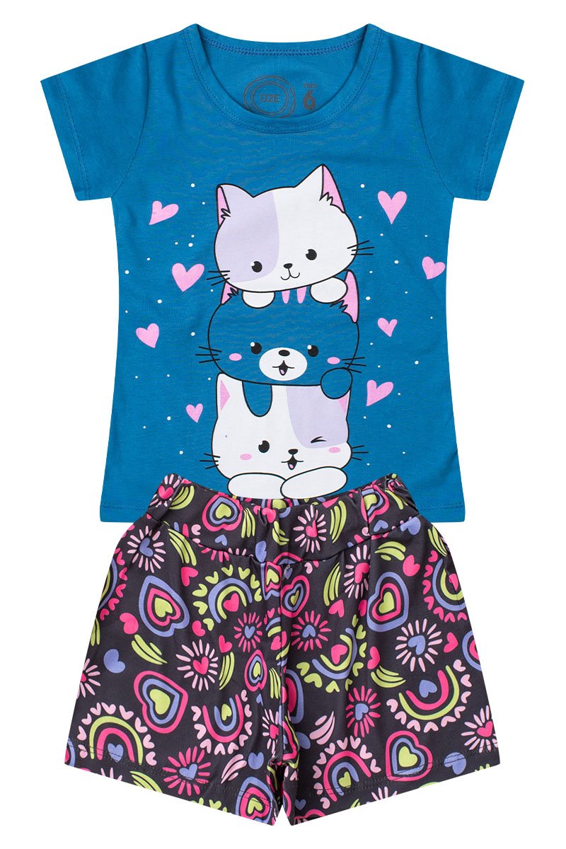 Conjunto Infantil Menina Gatinho Verão Petróleo