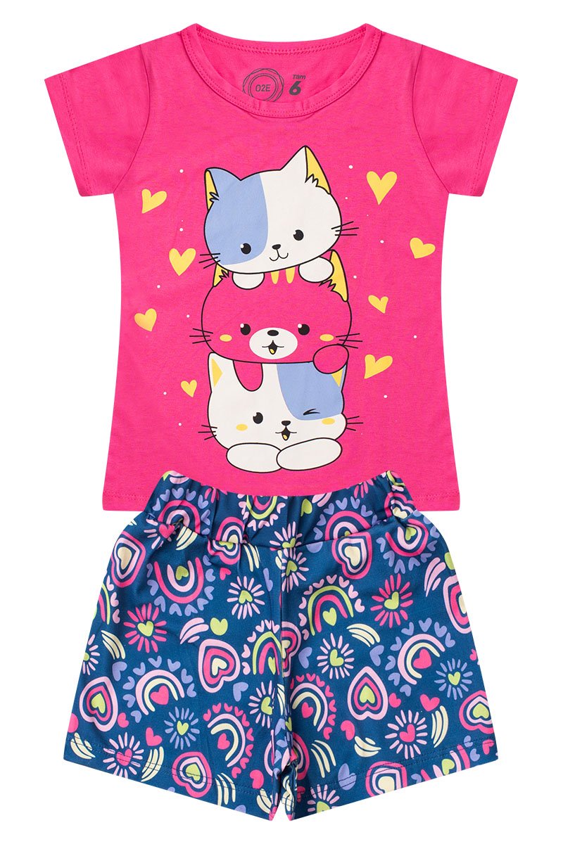 Conjunto Infantil Menina Gatinho Verão Rosa Chiclete