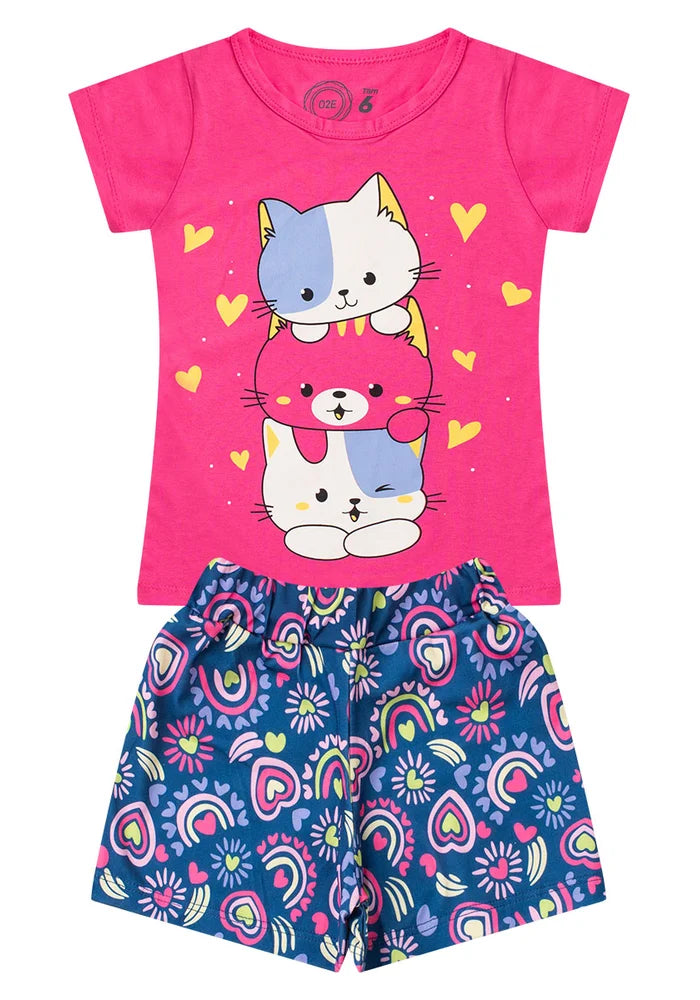 Conjunto Infantil Menina Gatinho Verão Rosa Chiclete