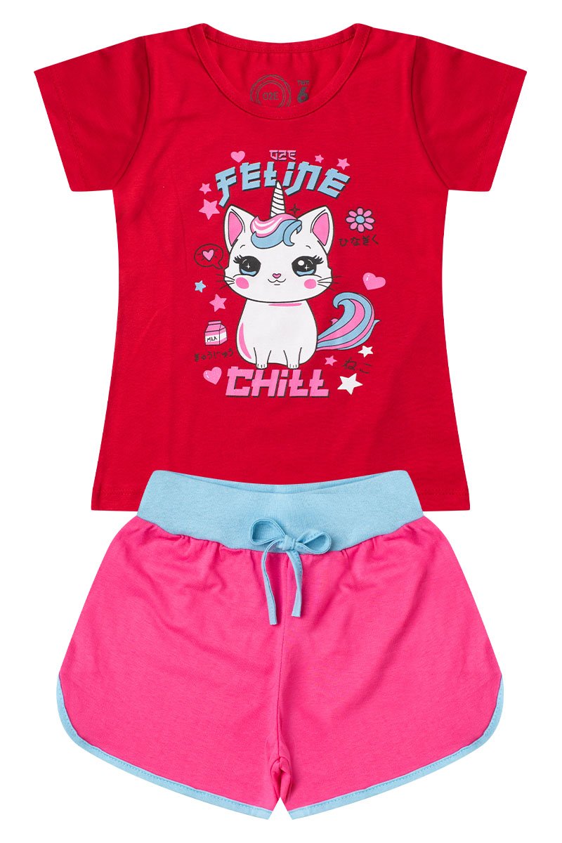 Conjunto Infantil Menina Gatinho Verão Vermelho