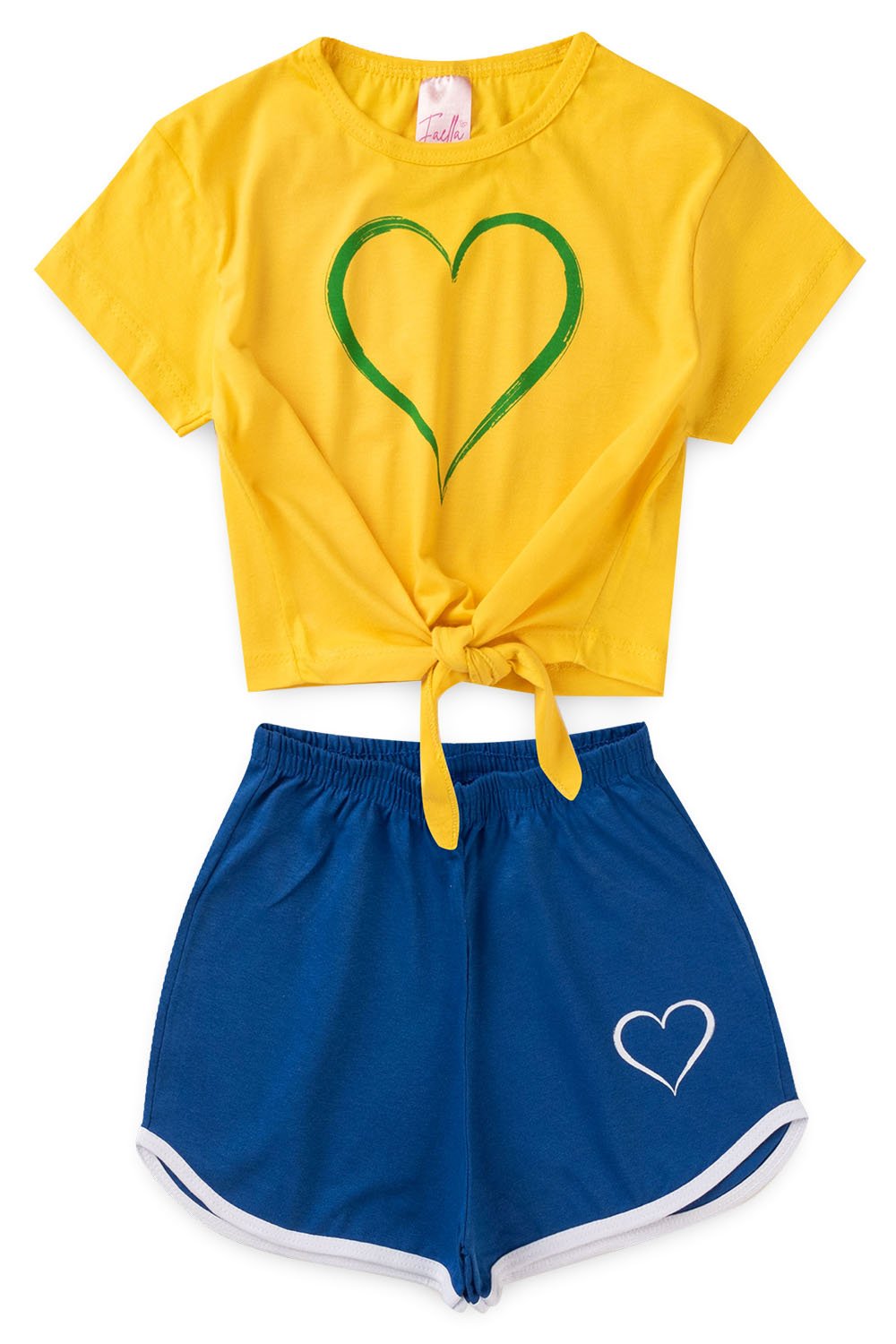 Conjunto Cropped Infantil Verão Feminino Coração Brasil - Amarelo