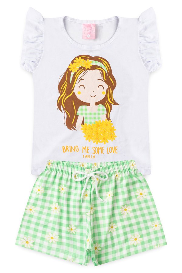 Conjunto Infantil Verão Feminino Menina com Flores - Branca