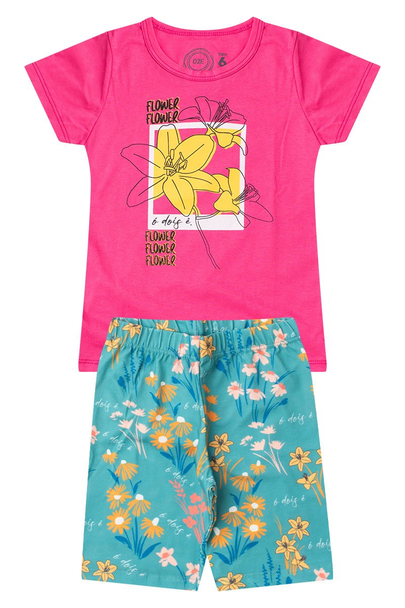Conjunto Infantil Menina Flower Verão Rosa Chiclete