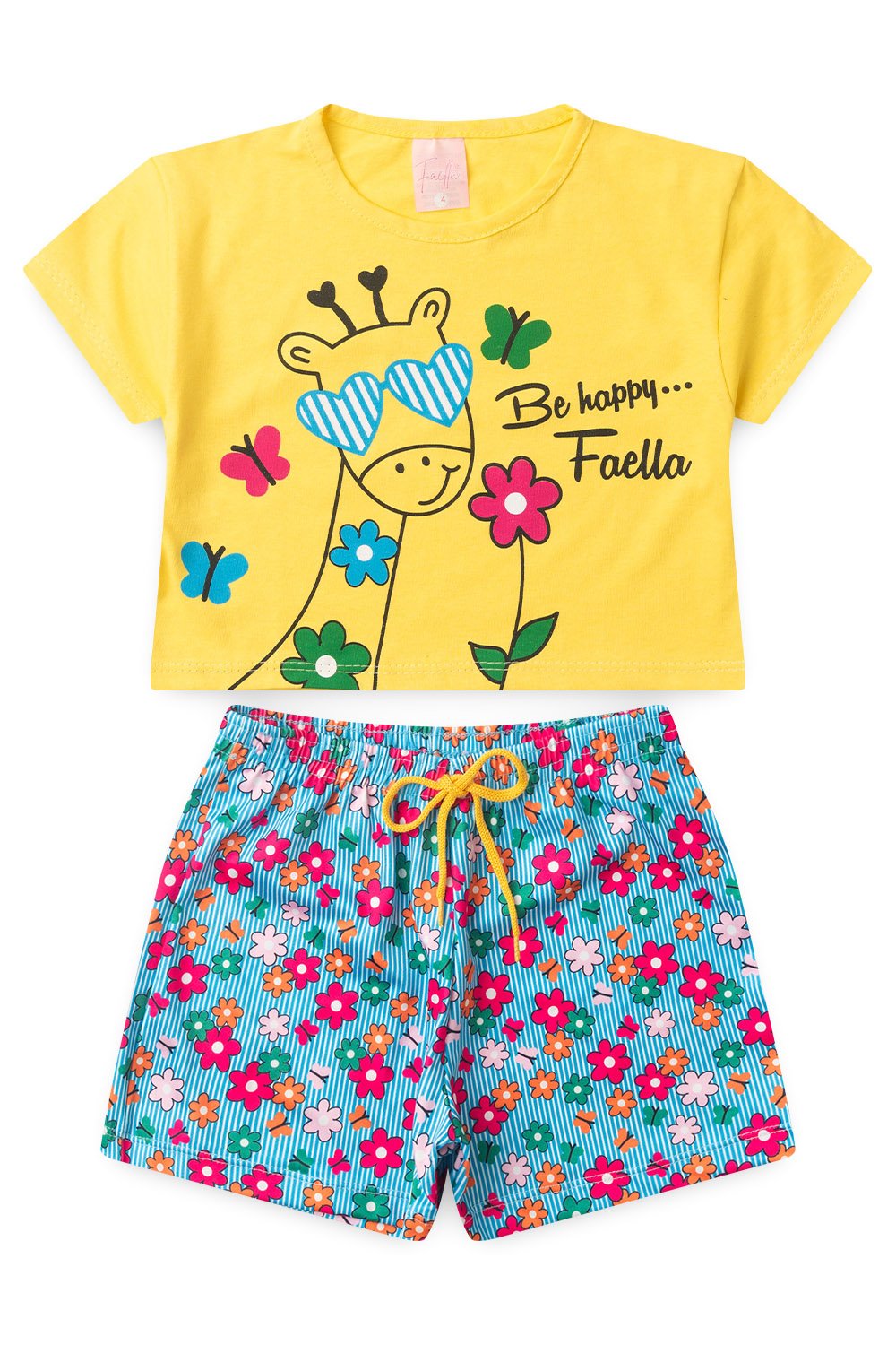 Conjunto Cropped Infantil Verão Feminino Girafa de Oculos - Amarelo