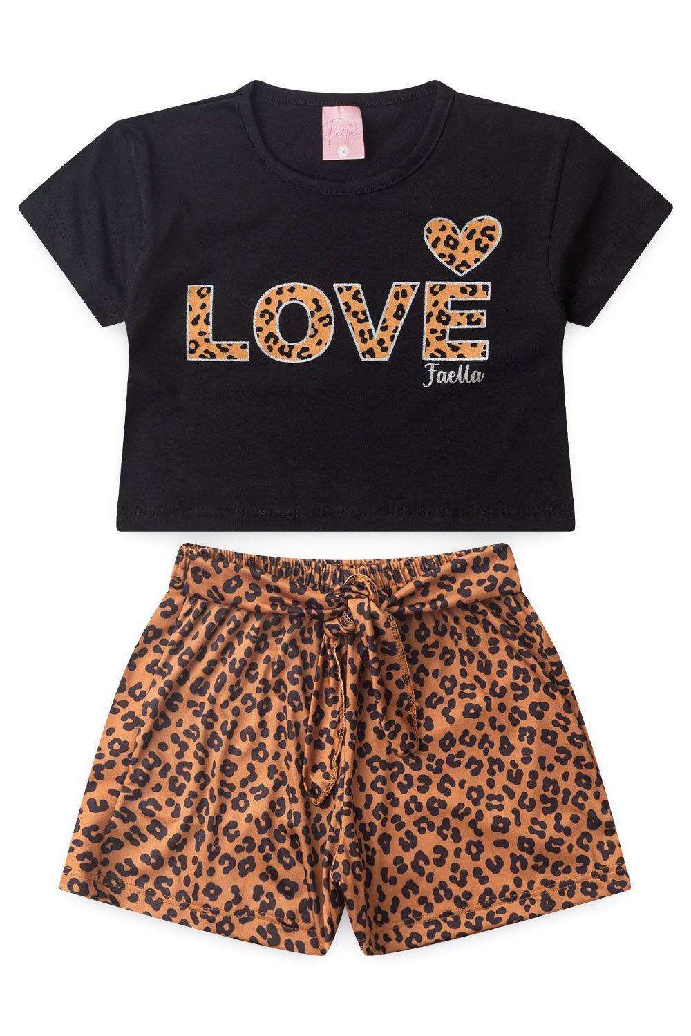 Conjunto Cropped Infantil Verão Feminino Love Oncinha - Preto