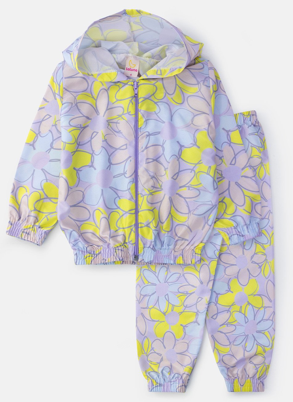 Conjunto Infantil Menina Corta Vento C/Capuz Flores Lilás 0567 - Laluna