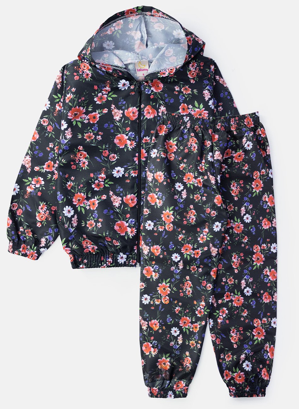 Conjunto Infantil Menina Corta Vento C/Capuz Florido Preto 137 - Laluna