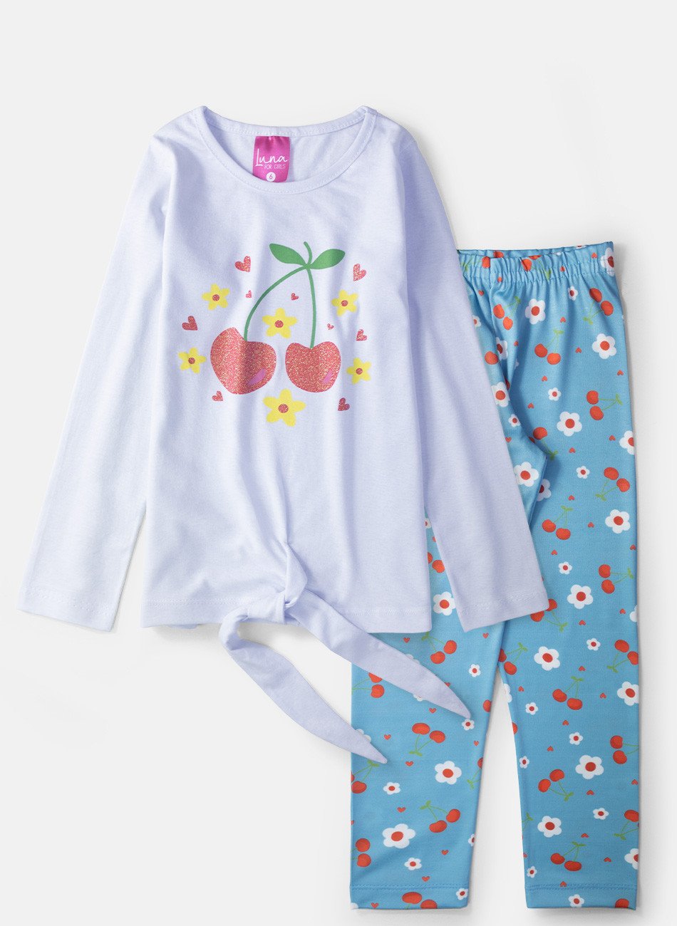 Conjunto Infantil Menina Meia Estação Cerejinhas Branco 0443 - Laluna