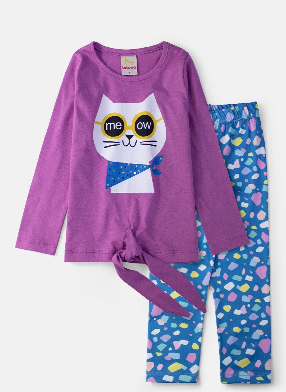 Conjunto Infantil Menina Meia Estação Gatinho Meow Orquídea 0463 - Laluna