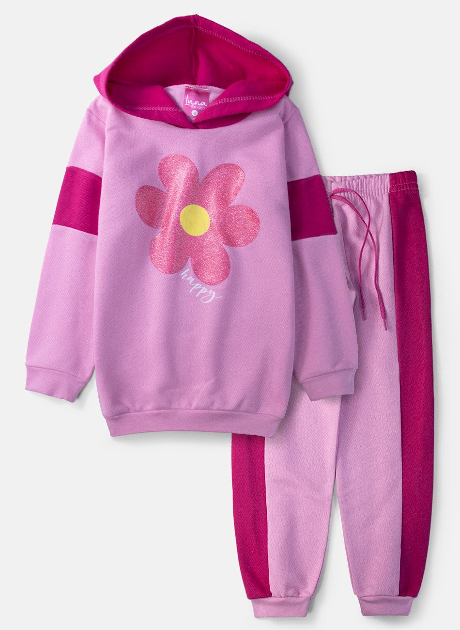 Conjunto Infantil Menina Moletom Flor Happy Rosa 0439 - Laluna