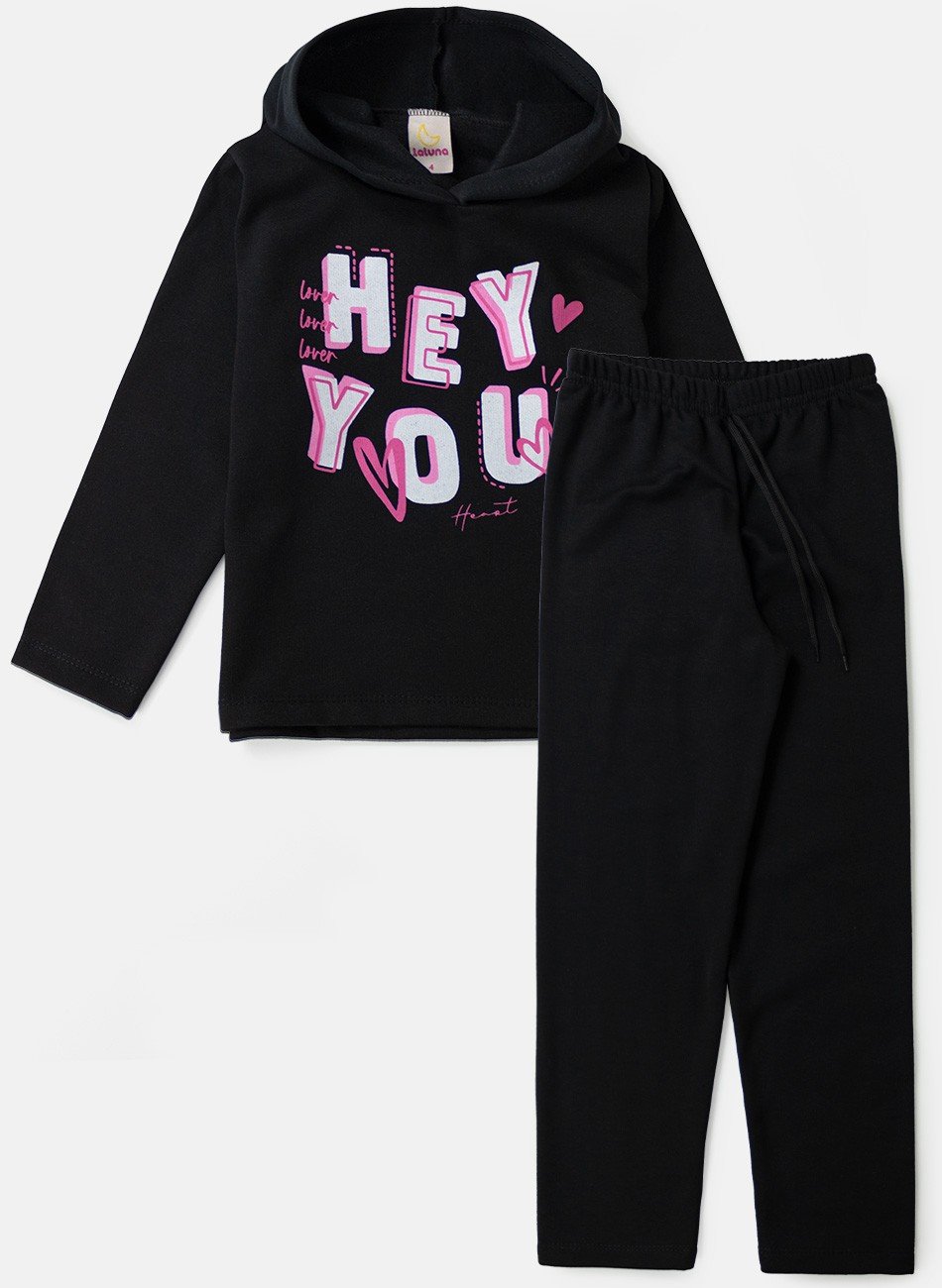 Conjunto Infantil Menina Moletom Hey You Preto 0358 - Laluna