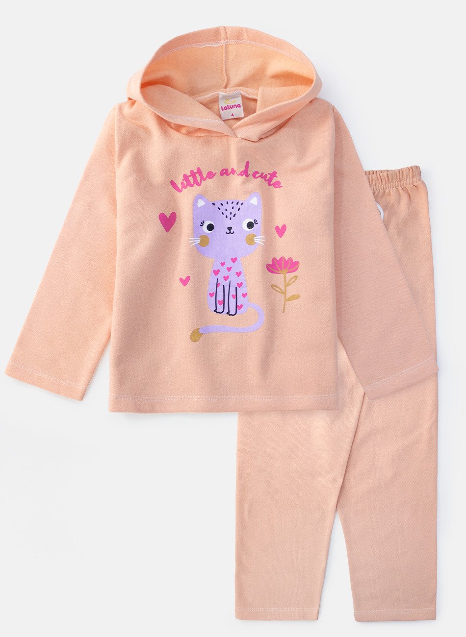 Conjunto Infantil Menina Moletom Little And Cute Pêssego 0381 - Laluna