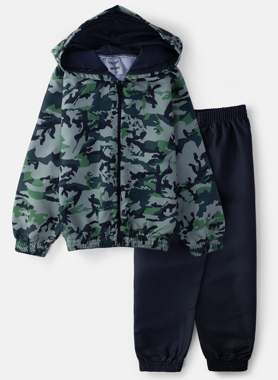 Conjunto Infantil Menino Corta Vento C/Capuz Camuflado Verde 172 - Keki Boys