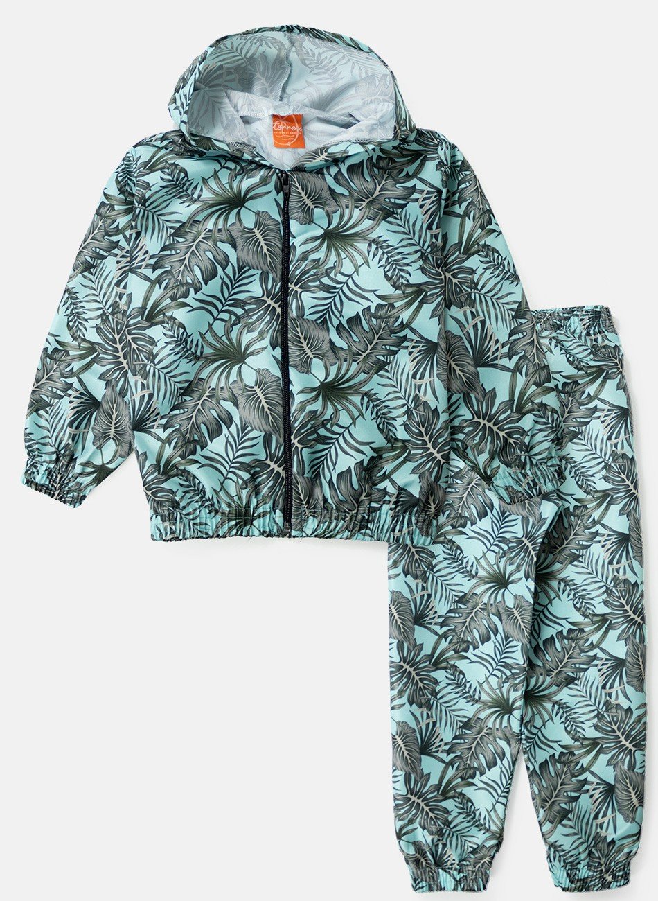 Conjunto Infantil Menino Corta Vento C/Capuz Folhagens Verde Água 642 - Torrox