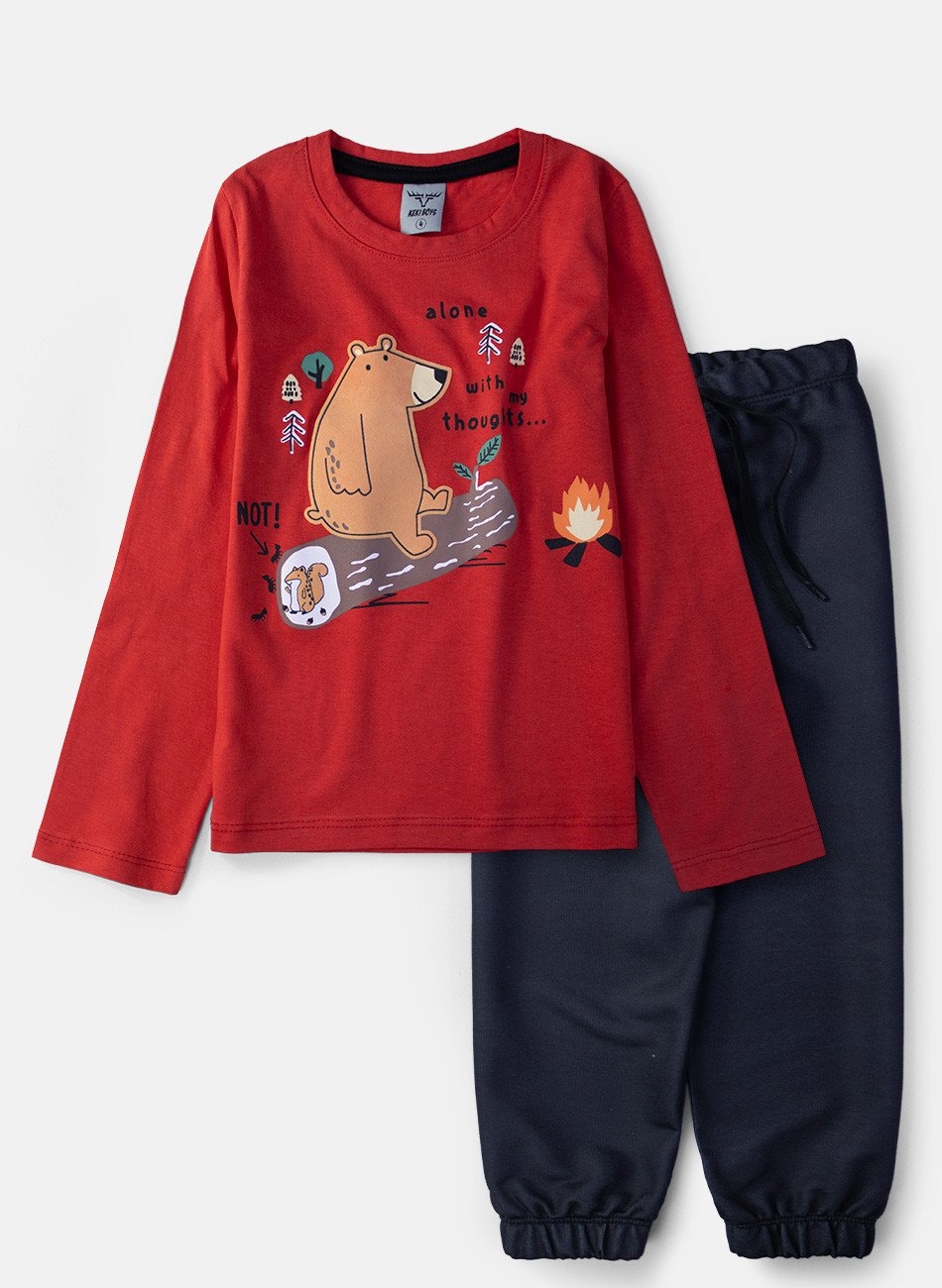 Conjunto Infantil Menino Meia Estação Urso Alone Vermelho 00332 - Keki Boys