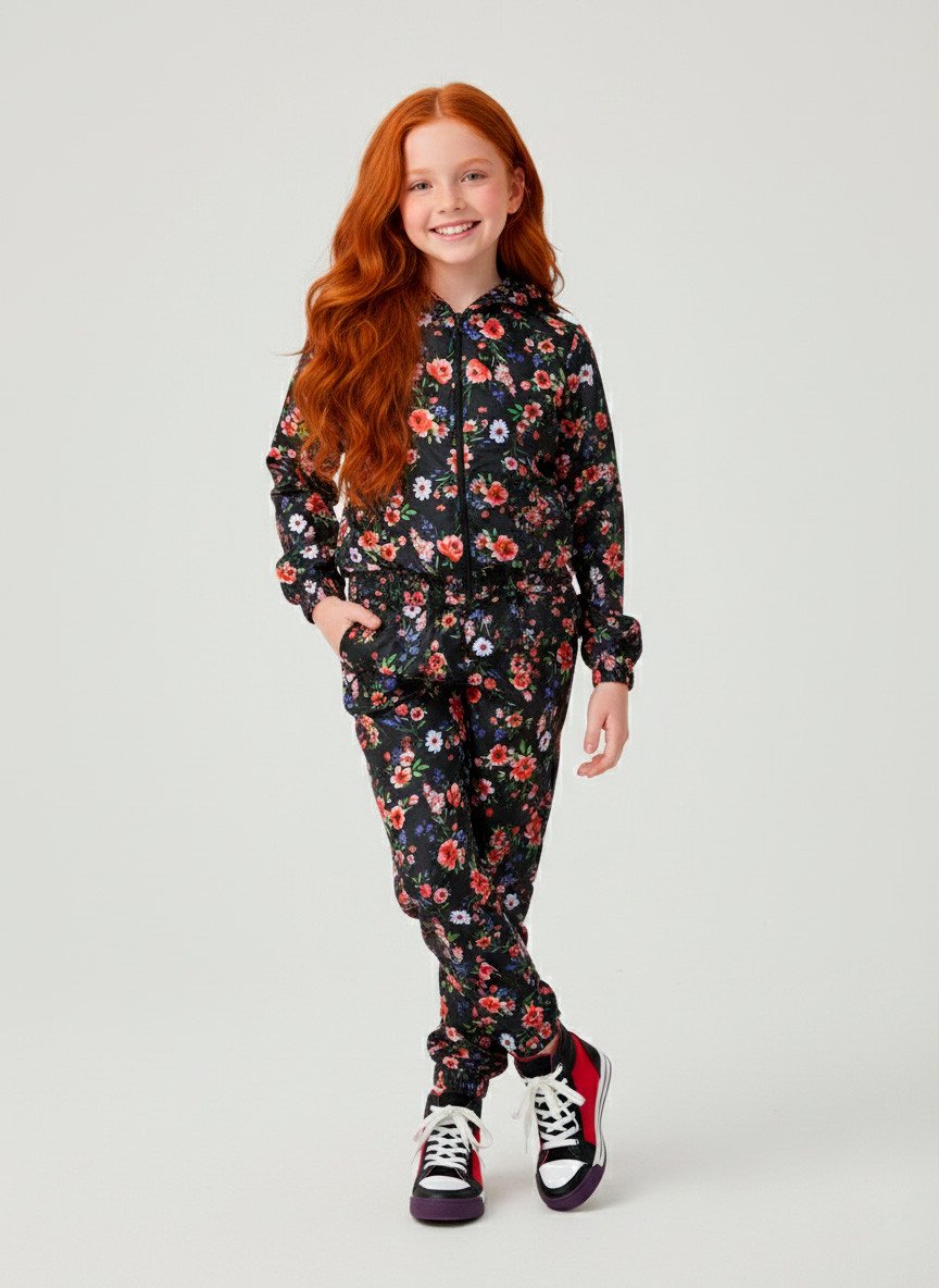 Conjunto Infantil Menina Corta Vento C/Capuz Florido Preto 137 - Laluna