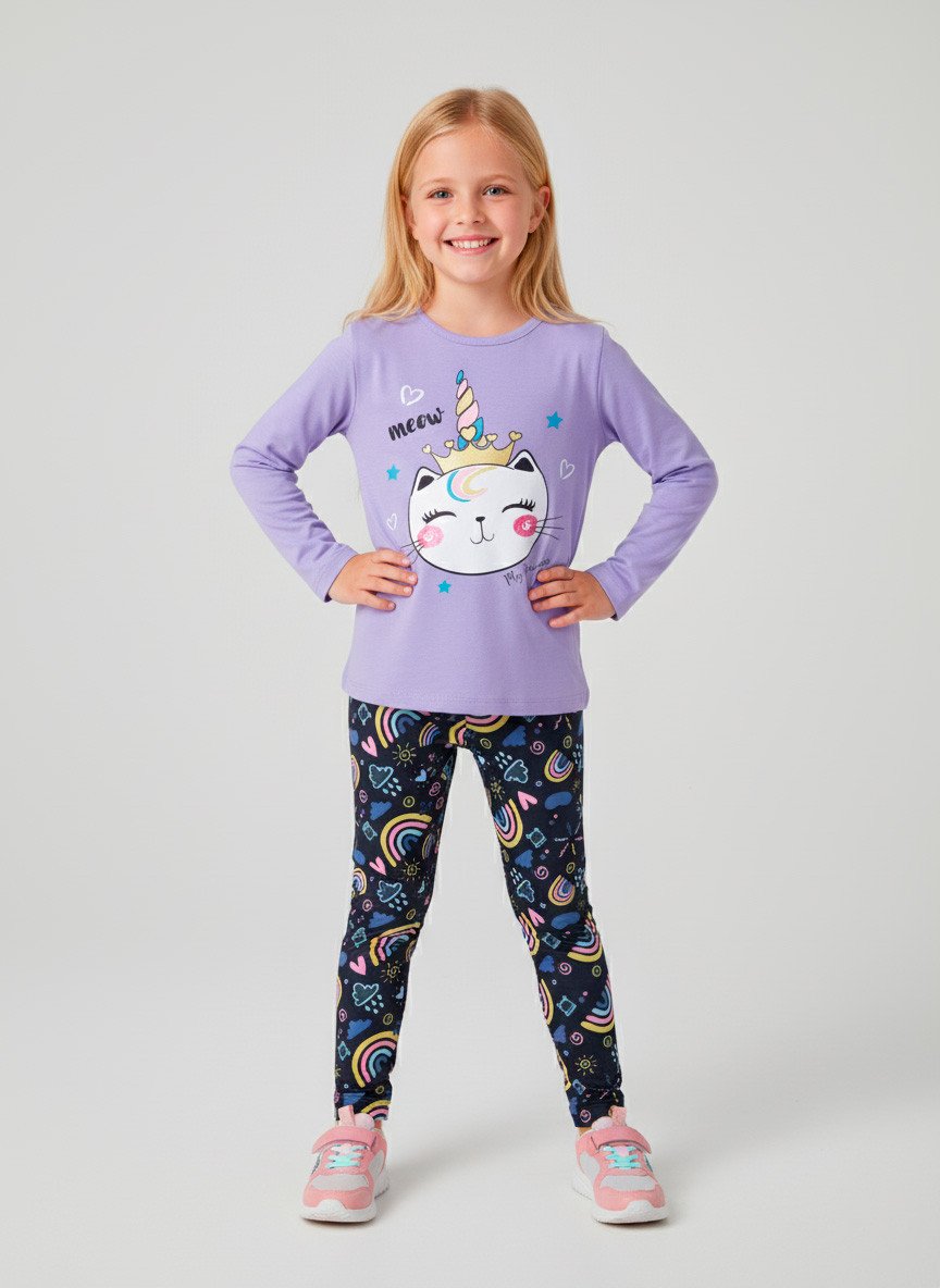 Conjunto Infantil Menina Meia Estação Gatinha Coroa Lilás 0637 - Laluna