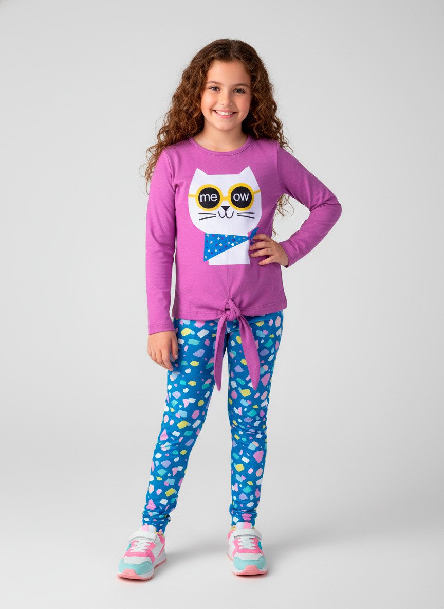 Conjunto Infantil Menina Meia Estação Gatinho Meow Orquídea 0463 - Laluna