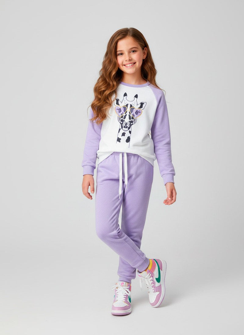 Conjunto Infantil Menina Moletom Girafa com Óculos Lilás 0045 - Laluna