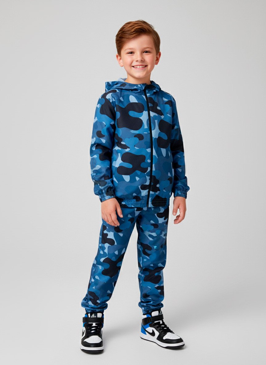 Conjunto Infantil Menino Corta Vento C/Capuz Camuflado Azul 147 - Keki Boys