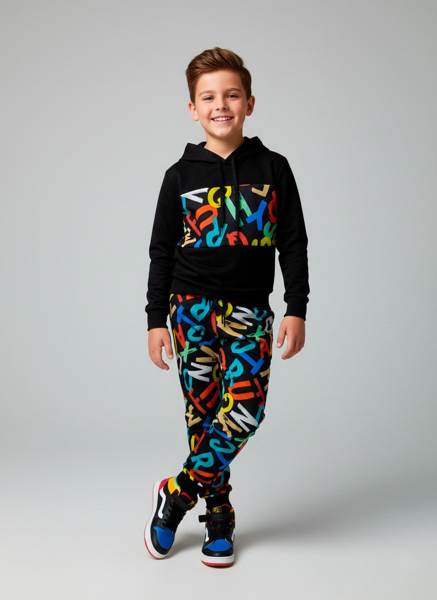 Conjunto Infantil Menino Moletom com Capuz Letras Preto 0566 - Torrox