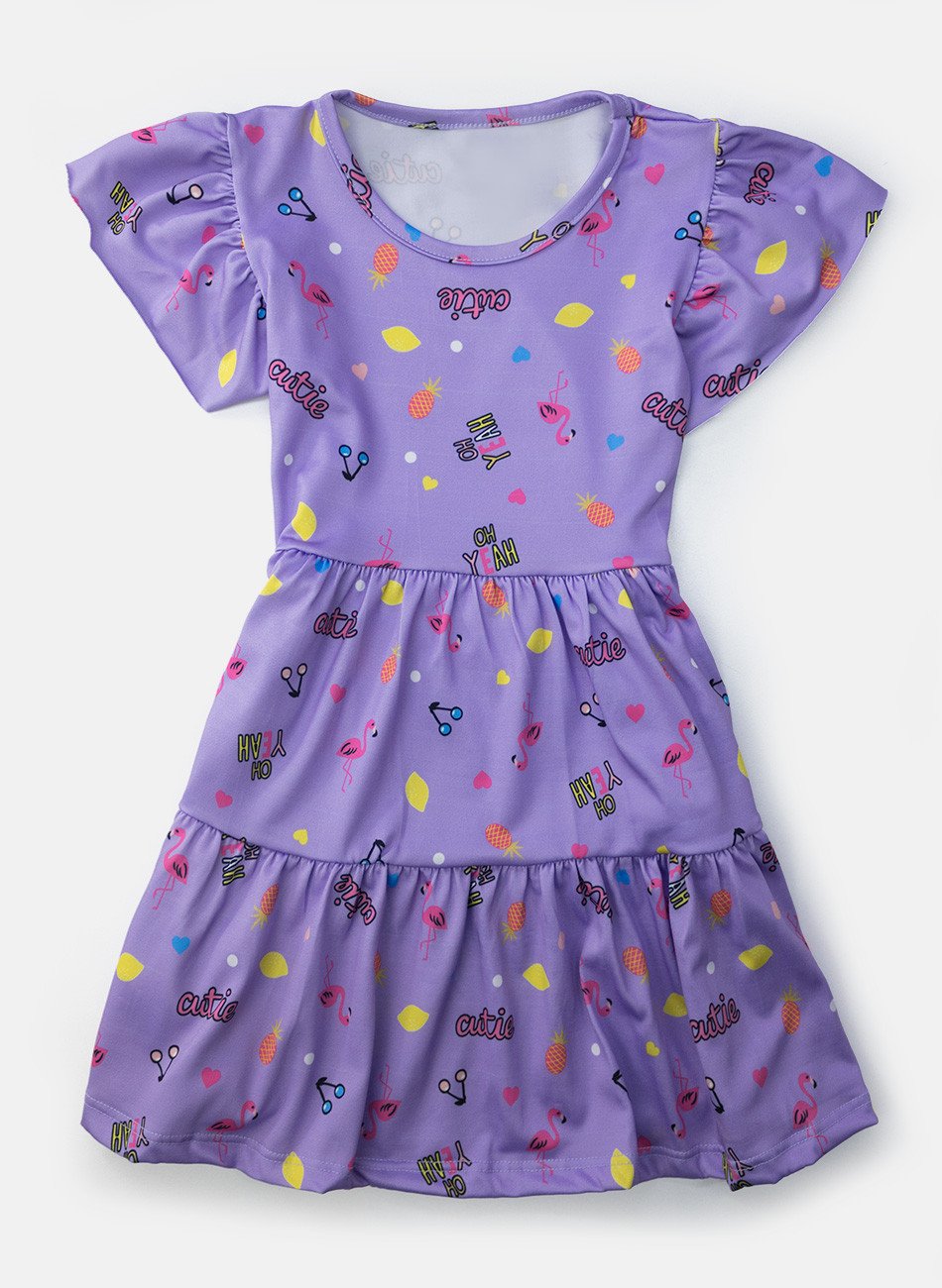 Vestido Infantil Manga Curta Flamingo Lilás 0798 - Laluna