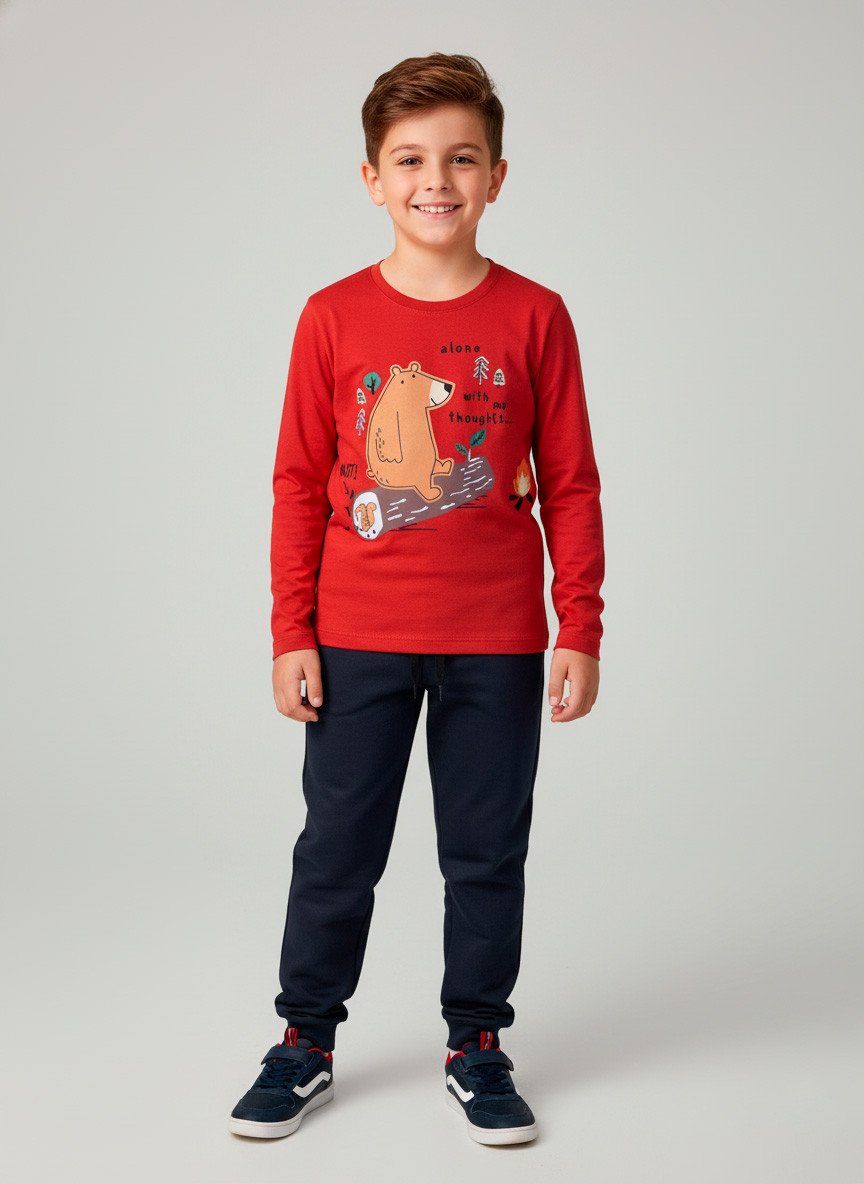Conjunto Infantil Menino Meia Estação Urso Alone Vermelho 00332 - Keki Boys