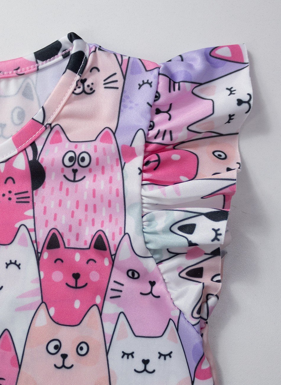 Vestido Infantil Manga Franzida Gatinhos Rosa 0079 - Laluna