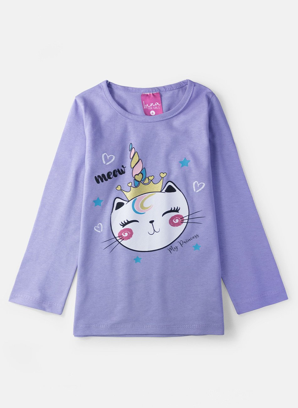 Conjunto Infantil Menina Meia Estação Gatinha Coroa Lilás 0637 - Laluna