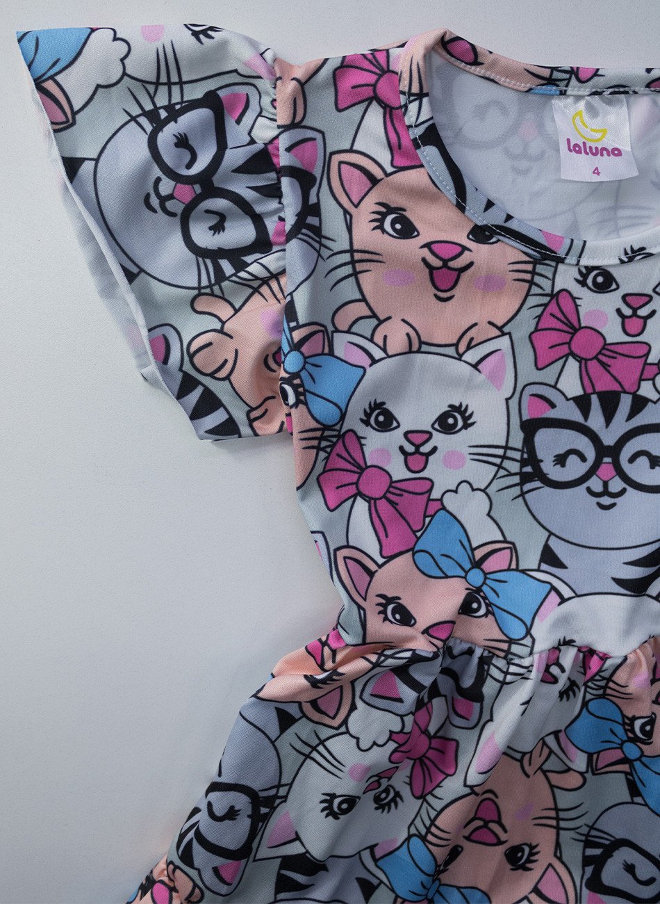Vestido Infantil Manga Curta Gatas de Óculos e Laços Multicolorido 212 - Laluna