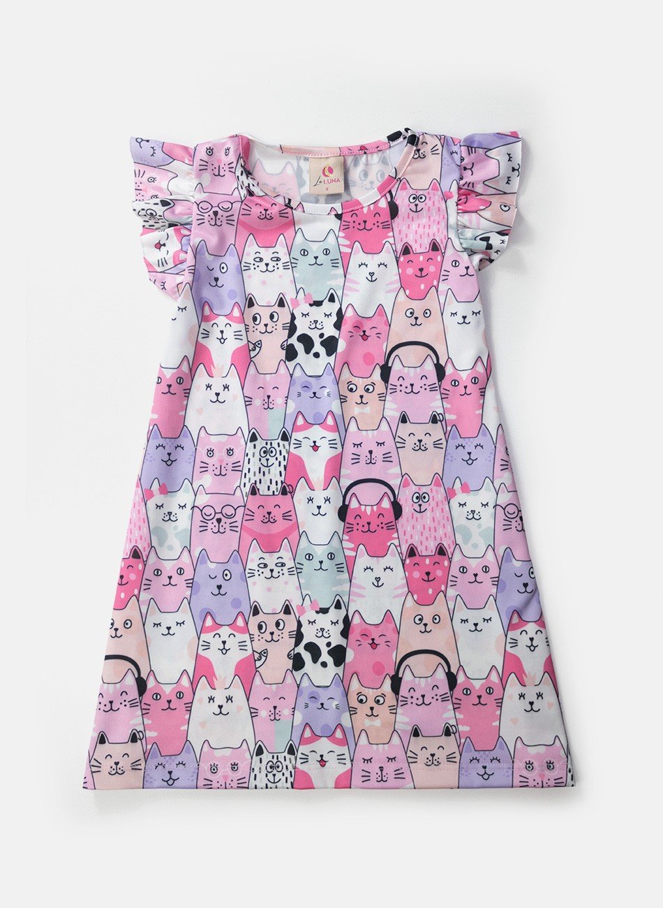 Vestido Infantil Manga Franzida Gatinhos Rosa 0079 - Laluna