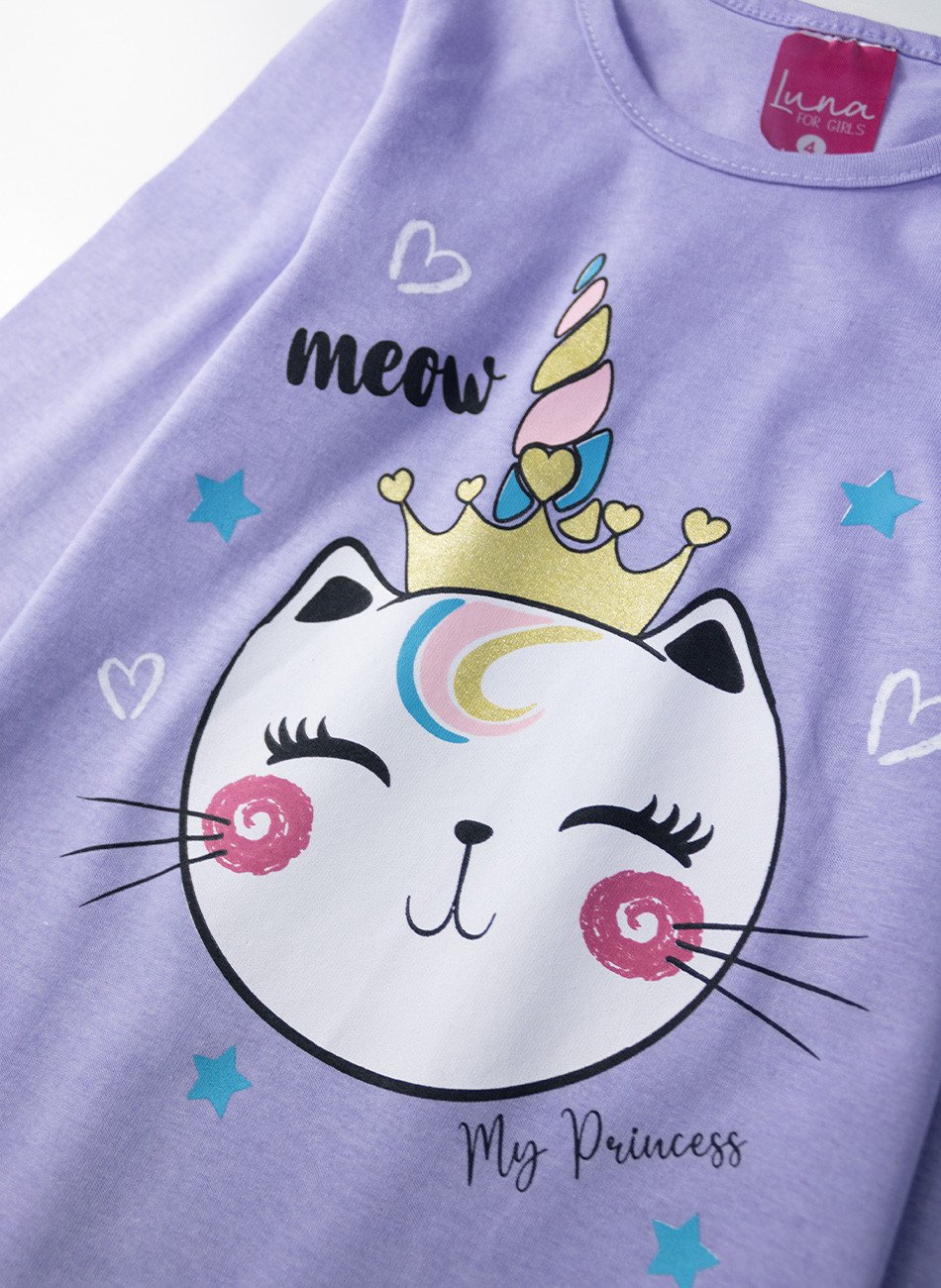 Conjunto Infantil Menina Meia Estação Gatinha Coroa Lilás 0637 - Laluna