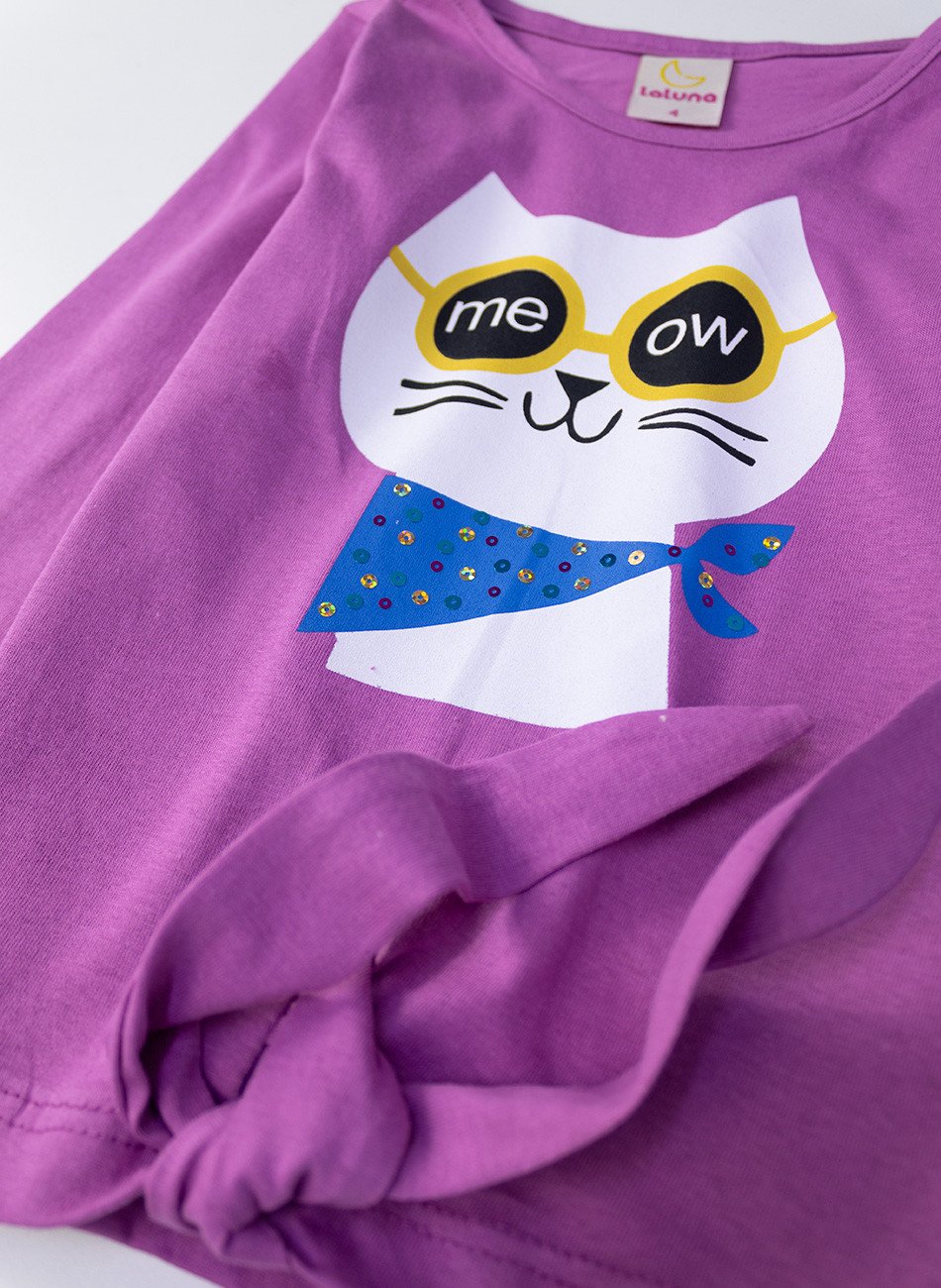 Conjunto Infantil Menina Meia Estação Gatinho Meow Orquídea 0463 - Laluna